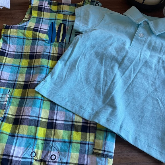 6 Month Carter’s Plaid Short Overalls w/ Turquoise Laughing Llama Polo - Picture 1 of 3